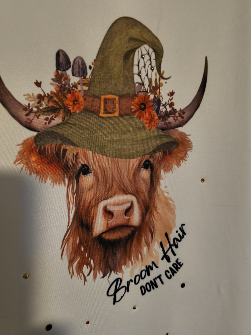Halloween Tee With Olive Witch Hat Highland Cow Tapestry - Broom Hair Don't Care